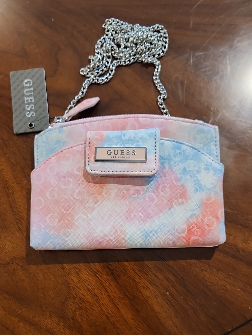 GUESS Pastel Pink and Blue Tie-Dye Chain Strap Crossbody Bag